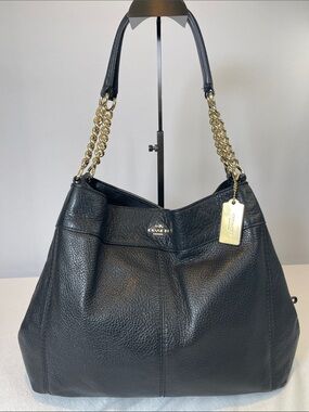 Coach H1792-F22210 Lexy Black Pebbled Leather Chain Shoulder Bag Gold Hardware